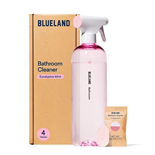 BLUELAND Bathroom Cleaning Spray Bottle with 4 Refill Tablets | Eco Friendly Products & Cleaning Supplies - Eucalyptus Mint Scent | Makes 4 x 24 Fl oz bottles (96 Fl oz total)