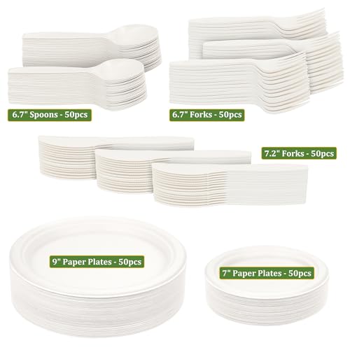 FEHHTO Compostable Paper Plates Set, 250PCS Disposable Heavy-Duty Sugarcane Plate and Eco-Friendly Utensil Biodegradable Dinnerware Plates, Extra Long Forks & Knives & Spoons for Party