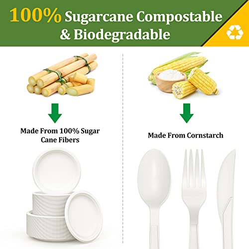 FEHHTO Compostable Paper Plates Set, 250PCS Disposable Heavy-Duty Sugarcane Plate and Eco-Friendly Utensil Biodegradable Dinnerware Plates, Extra Long Forks & Knives & Spoons for Party