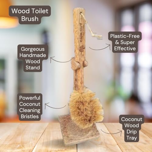 Gaia Guy Coconut Wood Toilet Brush with Wood Stand (Coconut Oil Stained) | Eco-Friendly Plastic Free Toilet Brush with Wooden Toilet Brush Holder | Zero Waste Toilet Brush