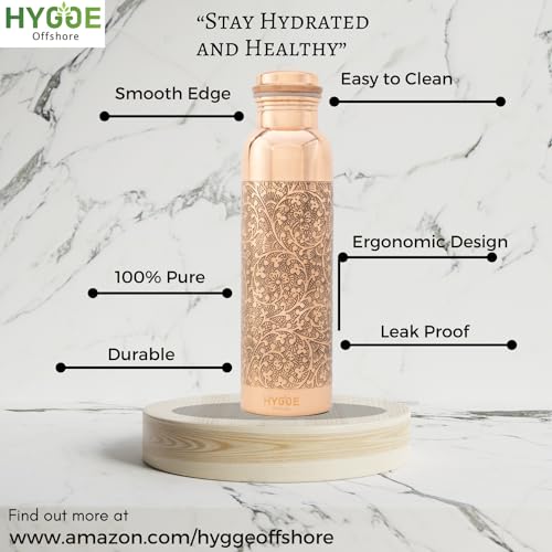 HYGGE Copper Water Bottle for Drinking – 34oz Engraved Pure Copper Water Bottle – Travel Water Bottle for Gym, Office, Hiking, Outdoor – Ayurvedic Water Bottle with Lid