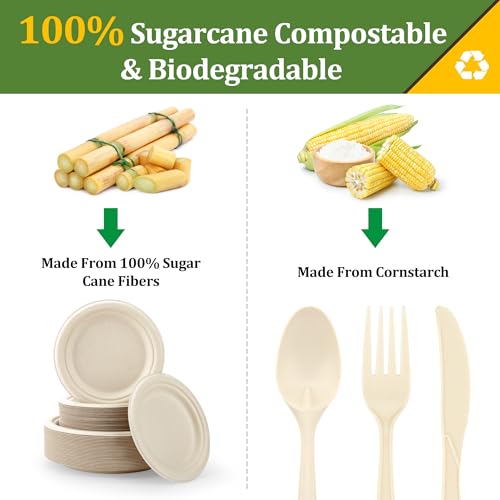 FEHHTO Compostable Paper Plates Set, 250PCS Disposable Heavy-Duty Sugarcane Plate and Eco-Friendly Utensil Biodegradable Dinnerware Plates, Extra Long Forks & Knives & Spoons for Party