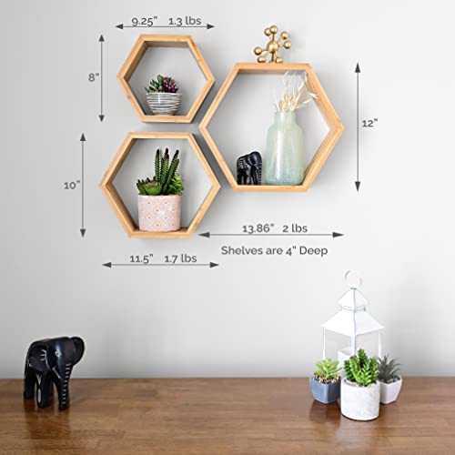 Bamboo Hexagon Floating Shelves For Wall Decor - Set Of 3 - Eco-friendly Honeycomb Shelves For Wall Mounted Hexagon Shelf Room Decor With Hanging Hardware, Wall Shelves, Hexagon Shelves For Home Decor