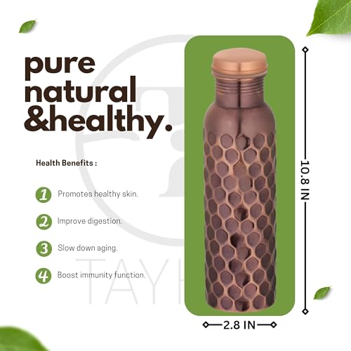 Pure Copper Water Bottle - 32 oz - Indian Handmade Ayurveda Healing Benefit Drinking Water Bottle for Travel, Hiking, Gym, Office, Outdoor - Antique Finish