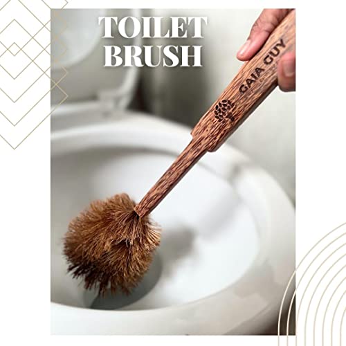 Gaia Guy Coconut Wood Toilet Brush with Wood Stand (Coconut Oil Stained) | Eco-Friendly Plastic Free Toilet Brush with Wooden Toilet Brush Holder | Zero Waste Toilet Brush