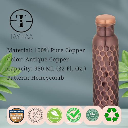 Pure Copper Water Bottle - 32 oz - Indian Handmade Ayurveda Healing Benefit Drinking Water Bottle for Travel, Hiking, Gym, Office, Outdoor - Antique Finish