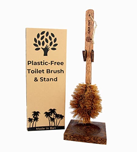 Gaia Guy Coconut Wood Toilet Brush with Wood Stand (Coconut Oil Stained) | Eco-Friendly Plastic Free Toilet Brush with Wooden Toilet Brush Holder | Zero Waste Toilet Brush