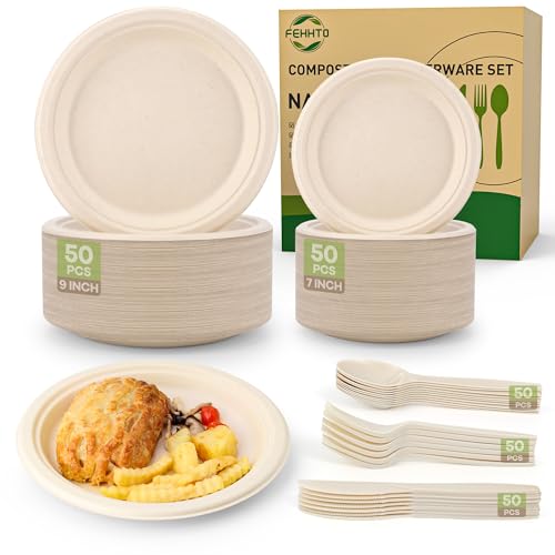 FEHHTO Compostable Paper Plates Set, 250PCS Disposable Heavy-Duty Sugarcane Plate and Eco-Friendly Utensil Biodegradable Dinnerware Plates, Extra Long Forks & Knives & Spoons for Party