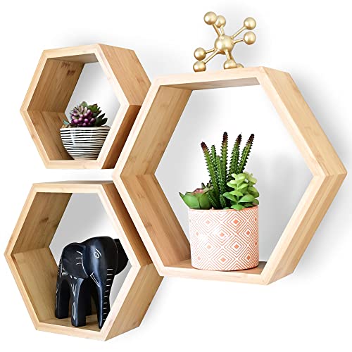 Bamboo Hexagon Floating Shelves For Wall Decor - Set Of 3 - Eco-friendly Honeycomb Shelves For Wall Mounted Hexagon Shelf Room Decor With Hanging Hardware, Wall Shelves, Hexagon Shelves For Home Decor