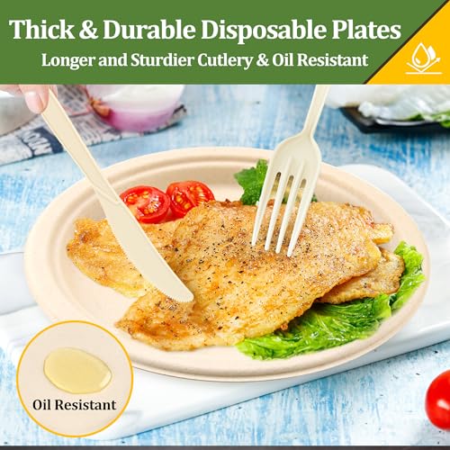 FEHHTO Compostable Paper Plates Set, 250PCS Disposable Heavy-Duty Sugarcane Plate and Eco-Friendly Utensil Biodegradable Dinnerware Plates, Extra Long Forks & Knives & Spoons for Party