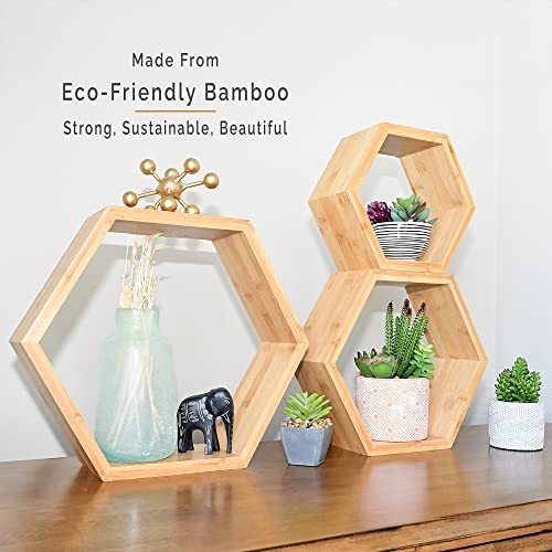 Bamboo Hexagon Floating Shelves For Wall Decor - Set Of 3 - Eco-friendly Honeycomb Shelves For Wall Mounted Hexagon Shelf Room Decor With Hanging Hardware, Wall Shelves, Hexagon Shelves For Home Decor