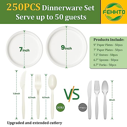 FEHHTO Compostable Paper Plates Set, 250PCS Disposable Heavy-Duty Sugarcane Plate and Eco-Friendly Utensil Biodegradable Dinnerware Plates, Extra Long Forks & Knives & Spoons for Party