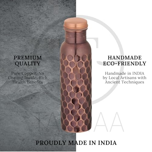 Pure Copper Water Bottle - 32 oz - Indian Handmade Ayurveda Healing Benefit Drinking Water Bottle for Travel, Hiking, Gym, Office, Outdoor - Antique Finish