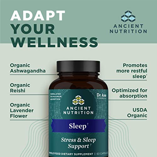 Ancient Nutrition Ashwagandha for Sleep Support, for Stress and Sleep Support, Promotes Mental Relaxation, Gluten Free, Paleo and Keto Friendly, 60 Capsules