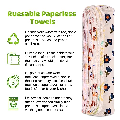 Mikccer Reusable Paper Towels Roll, 25 Packs Eco Friendly Washable Cotton Flannel Paper Towels, w/Cardboard Roll, 10 X 10 in Super Soft, Absorbent, Fits on All Holders Kitchen Unpaper Towels