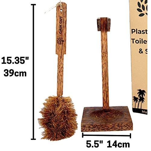 Gaia Guy Coconut Wood Toilet Brush with Wood Stand (Coconut Oil Stained) | Eco-Friendly Plastic Free Toilet Brush with Wooden Toilet Brush Holder | Zero Waste Toilet Brush