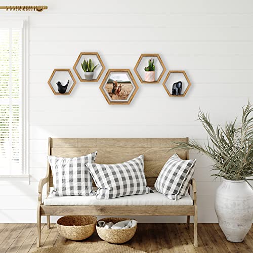 Bamboo Hexagon Floating Shelves For Wall Decor - Set Of 3 - Eco-friendly Honeycomb Shelves For Wall Mounted Hexagon Shelf Room Decor With Hanging Hardware, Wall Shelves, Hexagon Shelves For Home Decor