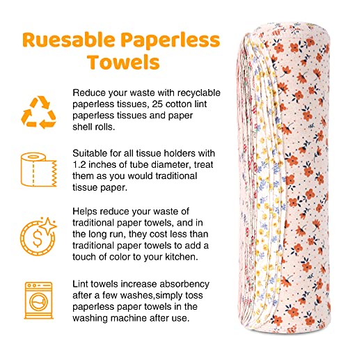 Mikccer Reusable Paper Towels Roll, 25 Packs Eco Friendly Washable Cotton Flannel Paper Towels, w/Cardboard Roll, 10 X 10 in Super Soft, Absorbent, Fits on All Holders Kitchen Unpaper Towels