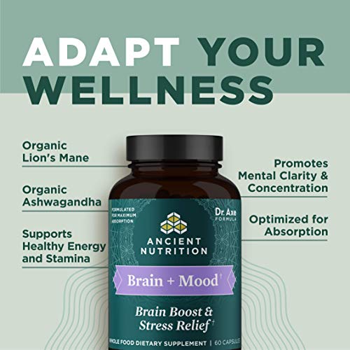 Stress Relief and Brain Supplement by Ancient Nutrition, Brain and Mood, Made with Ashwagandha, Lion's Mane to Help Reduce Stress, Gluten Free, Paleo and Keto Friendly, 60 Capsules