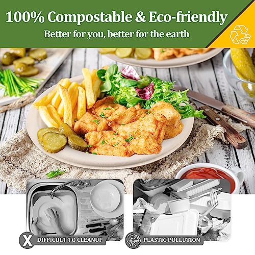 FEHHTO Compostable Paper Plates Set, 250PCS Disposable Heavy-Duty Sugarcane Plate and Eco-Friendly Utensil Biodegradable Dinnerware Plates, Extra Long Forks & Knives & Spoons for Party