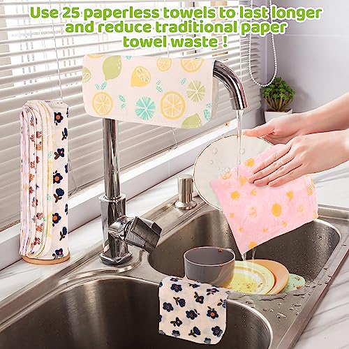 Mikccer Reusable Paper Towels Roll, 25 Packs Eco Friendly Washable Cotton Flannel Paper Towels, w/Cardboard Roll, 10 X 10 in Super Soft, Absorbent, Fits on All Holders Kitchen Unpaper Towels