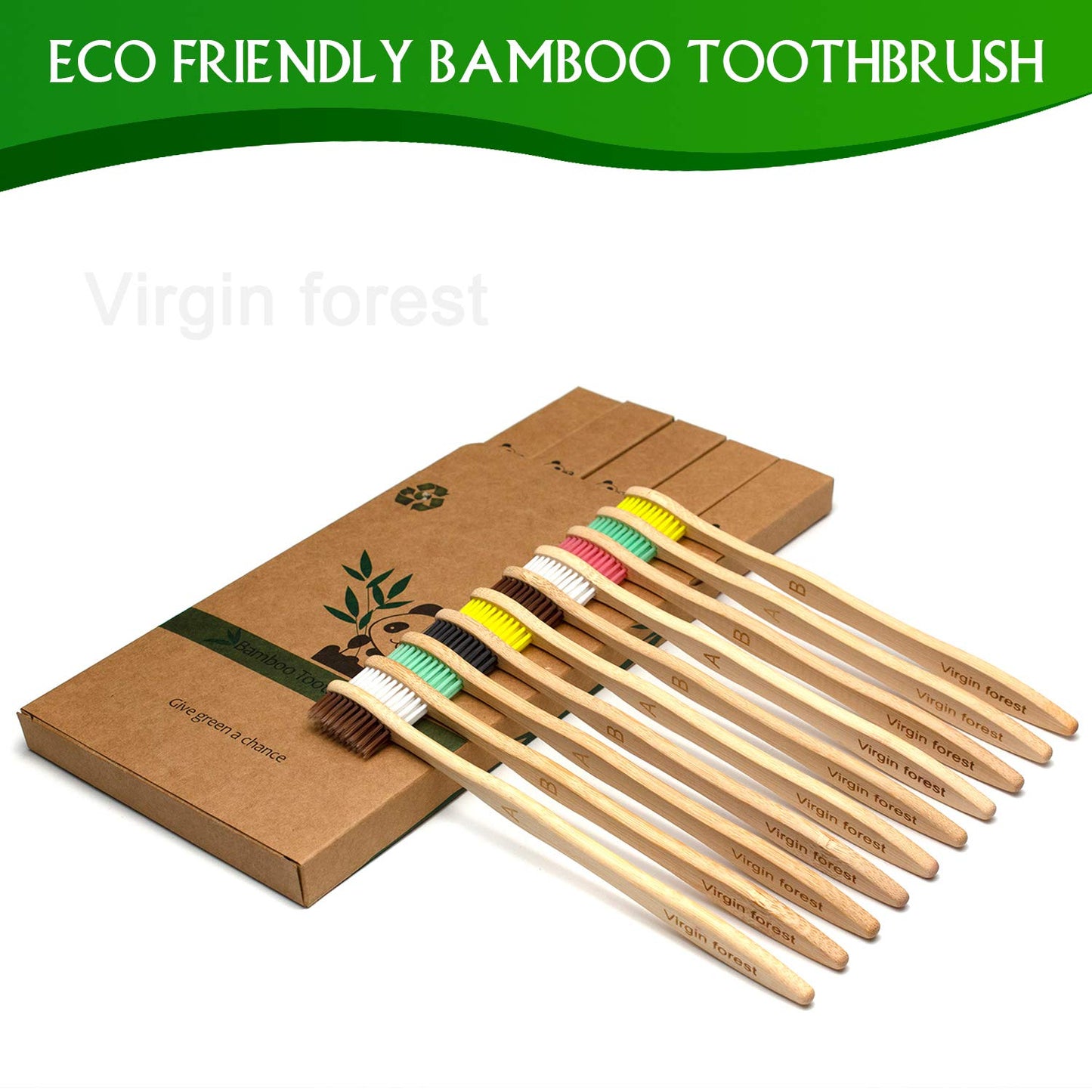 Virgin Forest 10 Pcs Soft Bristles Bamboo Toothbrush, Biodegradable Natural Bamboo Charcoal Toothbrushes, Eco Friendly Color Bristle Wood Tooth Brushes