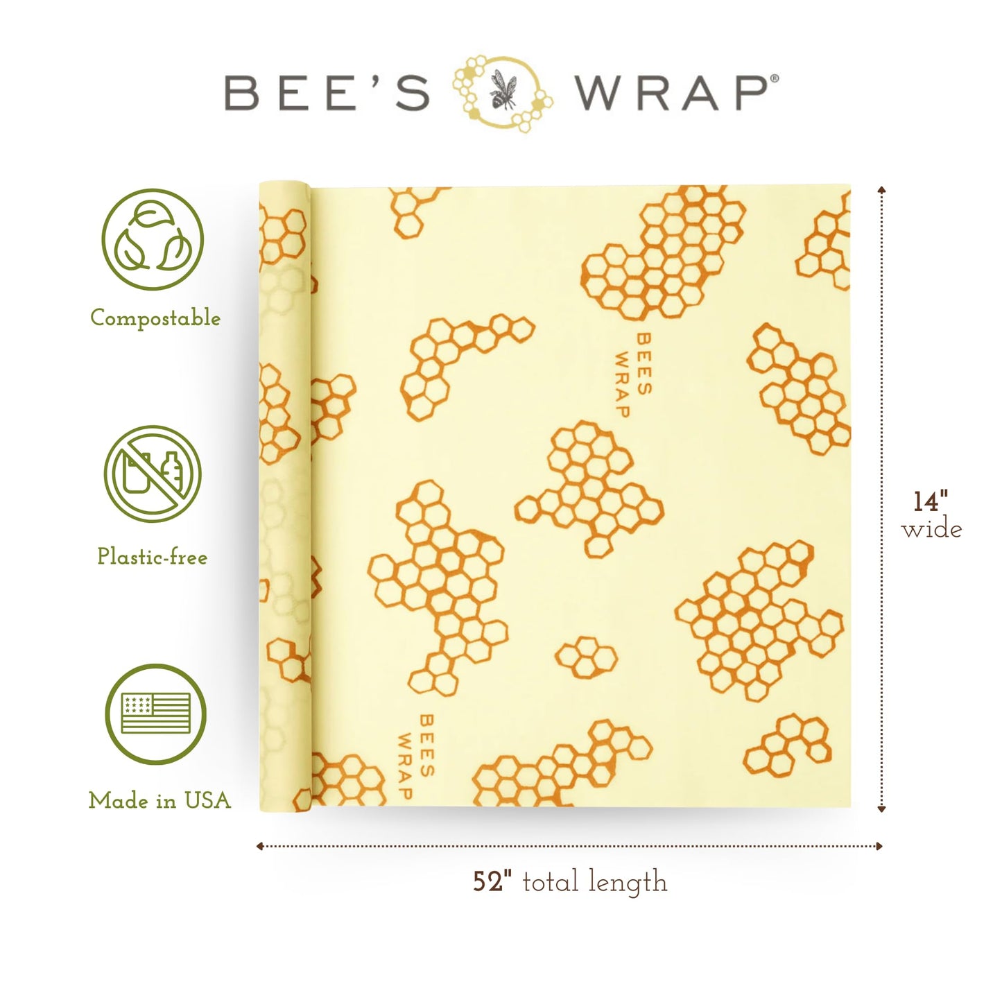 Bee's Wrap Reusable Beeswax Food Wraps Made in the USA, Eco Friendly Beeswax Food Wrap, Sustainable Food Storage Containers, Organic Cotton Food Wrap, XXL Cut To Size Wax Paper Roll, Honeycomb Pattern