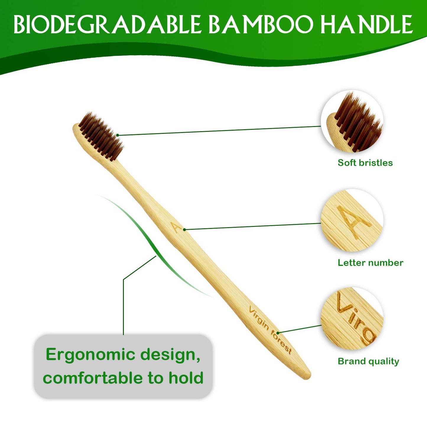 Virgin Forest 10 Pcs Soft Bristles Bamboo Toothbrush, Biodegradable Natural Bamboo Charcoal Toothbrushes, Eco Friendly Color Bristle Wood Tooth Brushes