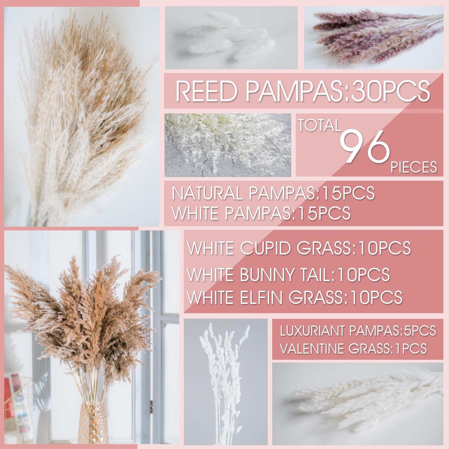 96PCS Natural Dried Pampas Grass Boho Home Decor Bouquet Phragmites Dried Flowers Bouquet for Wedding Floral Arrangements Home Decorations (96PCS)