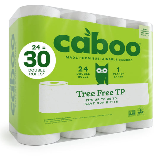 Caboo Tree Free Bamboo Toilet Paper, Septic Safe Chemical Free Toilet Paper, Biodegradable, Eco Friendly Bath Tissue with Soft, Quick Dissolving 2 Ply Sheets (300 Sheets Per Roll, 24 Double Rolls)