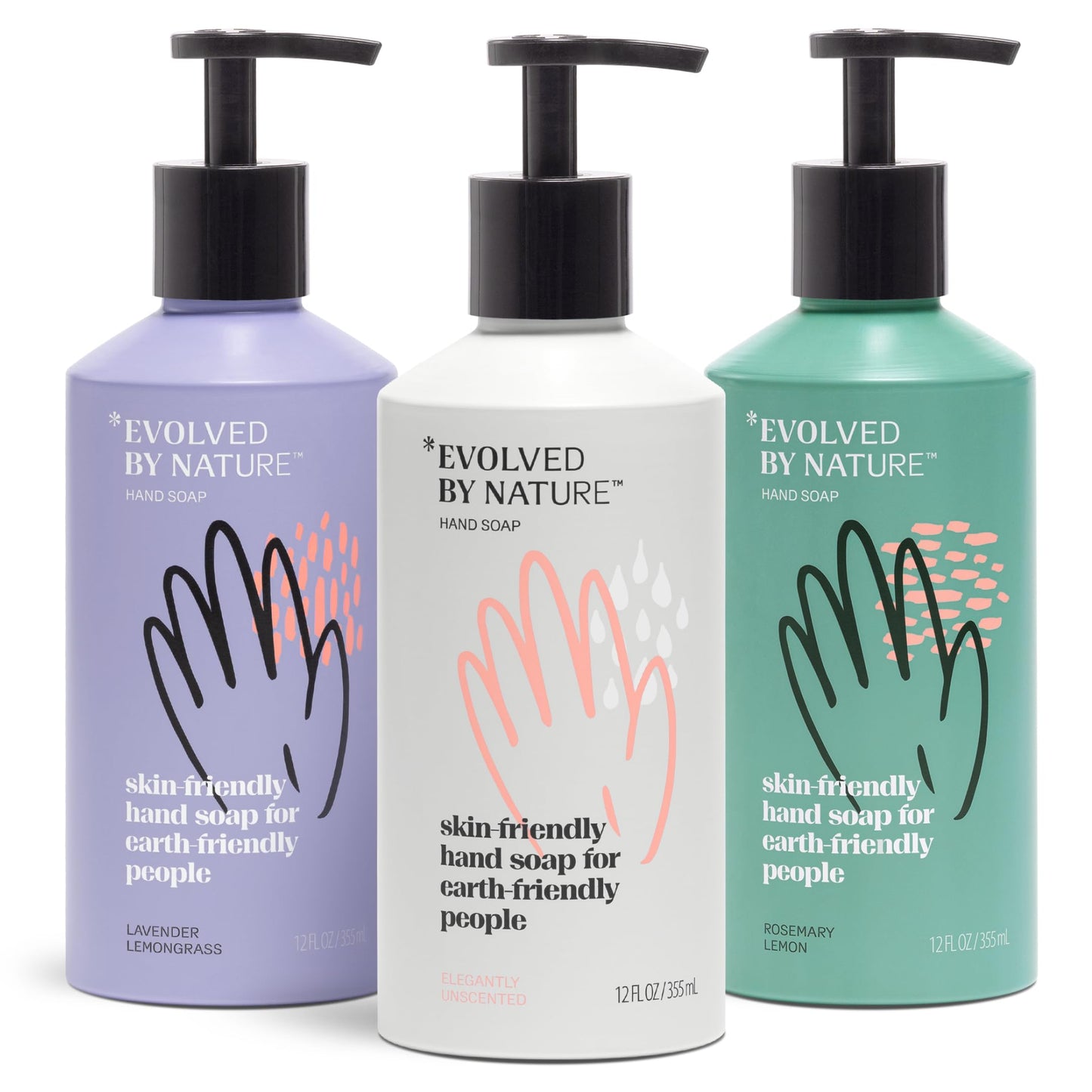 Evolved By Nature Liquid Hand Soap, 12 Oz (Variety Pack of 3) - Unscented, Rosemary Lemon, and Lavender Lemongrass - Biodegradabe