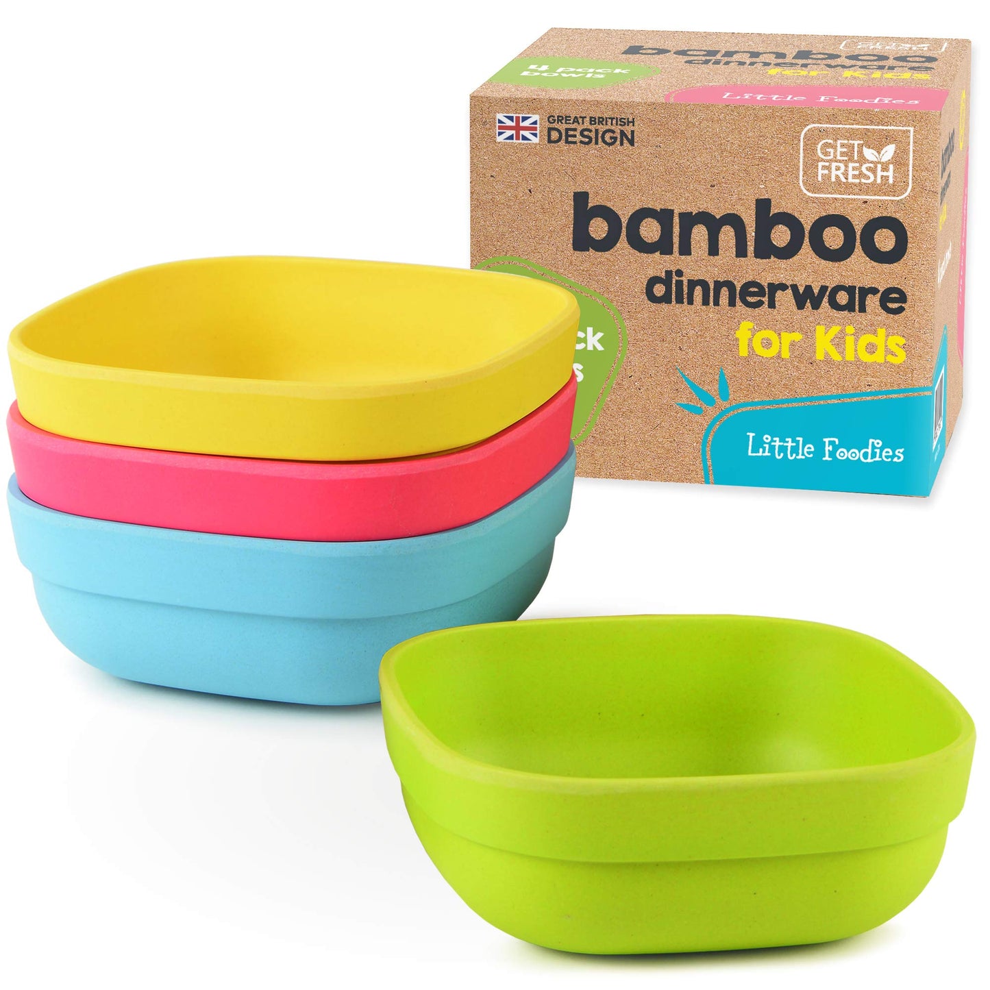 GET FRESH Bamboo Kids Bowls, 4 pack set, Stackable Bamboo Dinnerware for Kids, Bamboo Kids Bowls Set, BPA Free, Dishwasher safe and Stackable