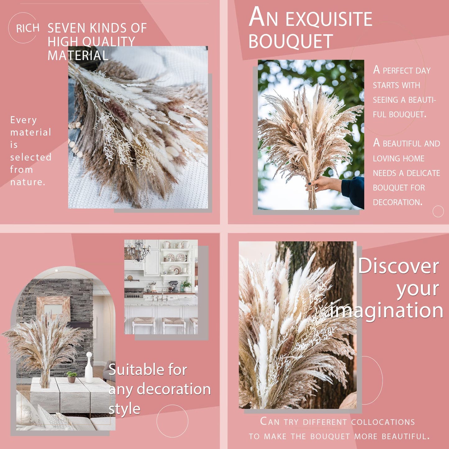 96PCS Natural Dried Pampas Grass Boho Home Decor Bouquet Phragmites Dried Flowers Bouquet for Wedding Floral Arrangements Home Decorations (96PCS)