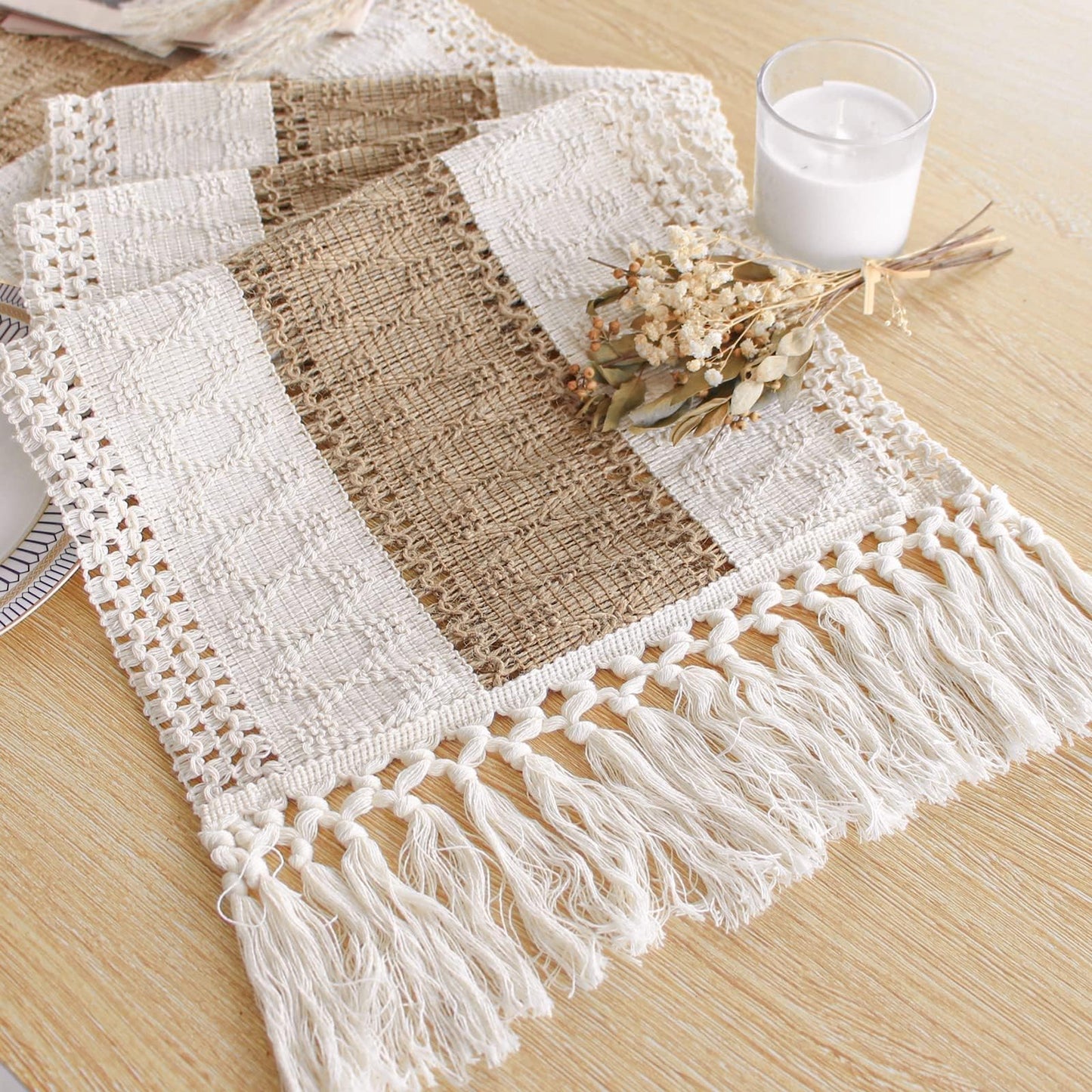 FEXIA Boho Table Runner for Home Decor 72 Inches Long Farmhouse Rustic Table Runner Cream & Brown Macrame Table Runner with Tassels for Boho Dining Bedroom Decor Rustic Bridal Shower (12x72 Inches)