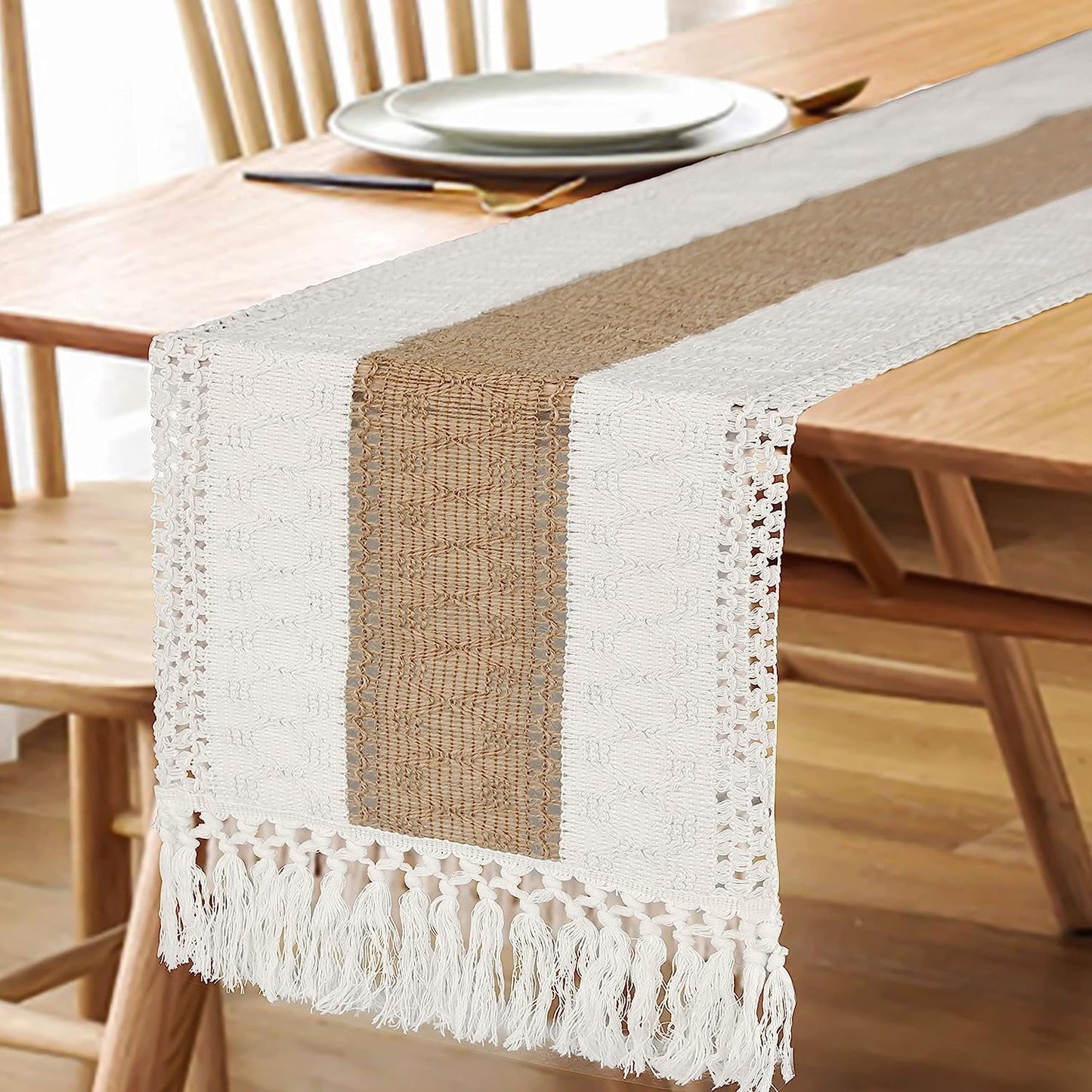 FEXIA Boho Table Runner for Home Decor 72 Inches Long Farmhouse Rustic Table Runner Cream & Brown Macrame Table Runner with Tassels for Boho Dining Bedroom Decor Rustic Bridal Shower (12x72 Inches)