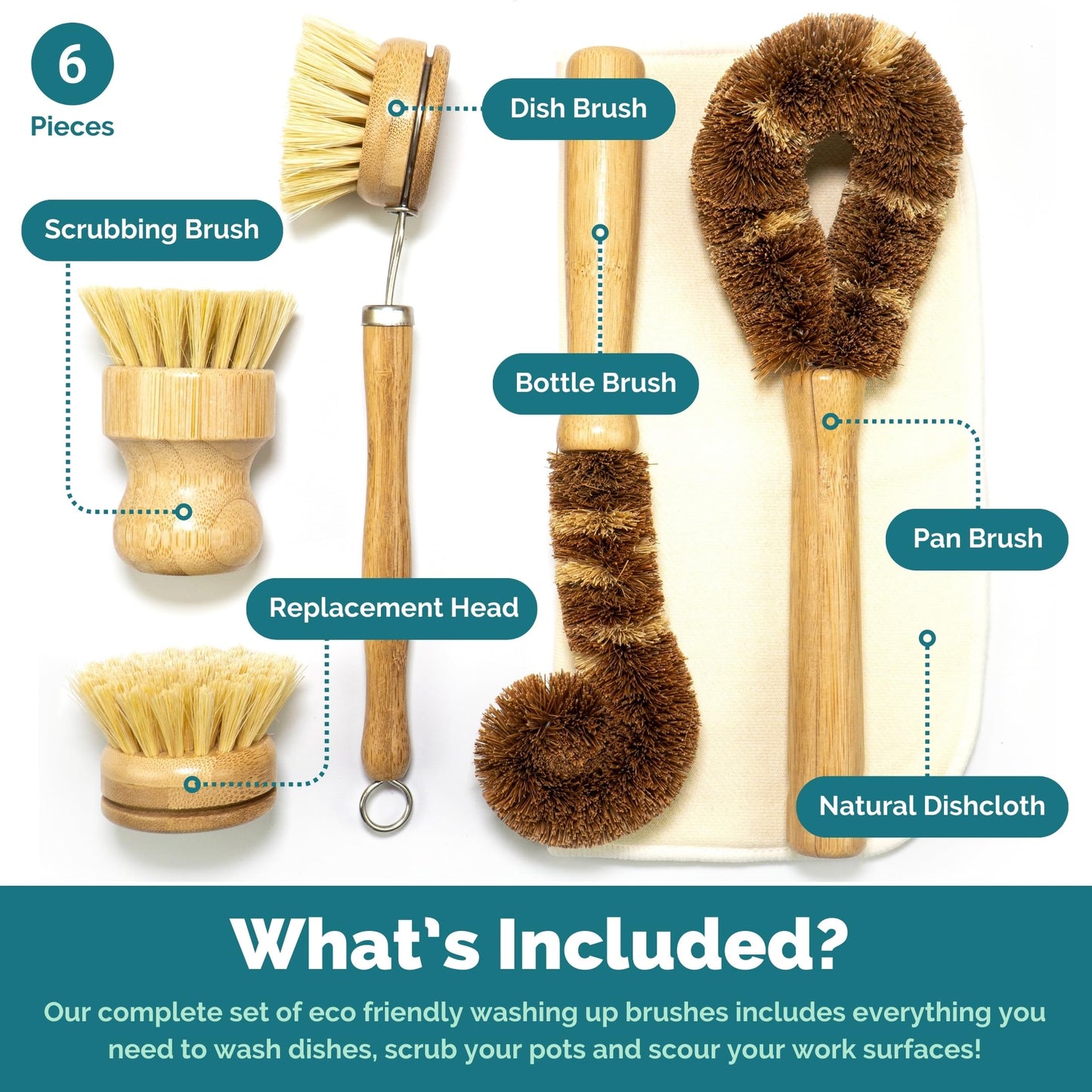 Jungle Culture® 6 Piece Natural Dish Brushes for Washing Up • Eco Dish Brush Kitchen Cleaning Set • Plant Based Coconut Scrubbers • Bottle/Pot Brush & Eco Friendly Scourer Sponge for Pans & Dishes