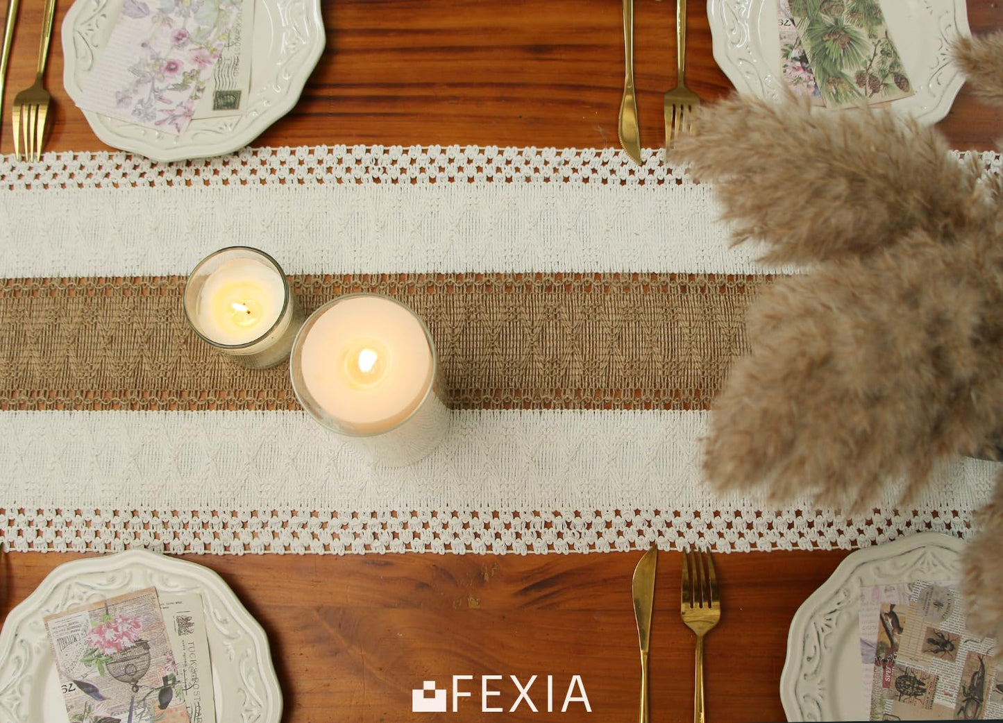 FEXIA Boho Table Runner for Home Decor 72 Inches Long Farmhouse Rustic Table Runner Cream & Brown Macrame Table Runner with Tassels for Boho Dining Bedroom Decor Rustic Bridal Shower (12x72 Inches)