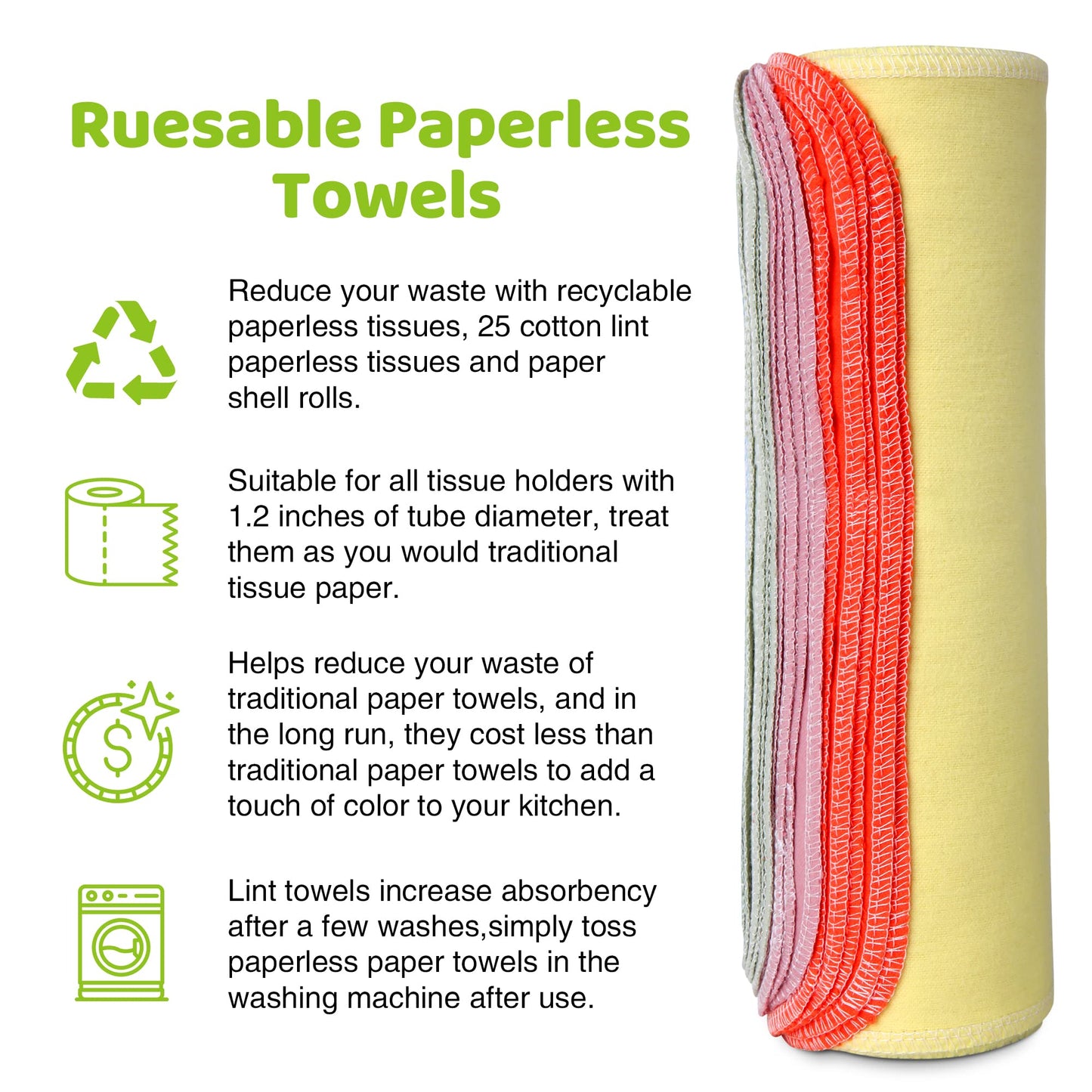 Mikccer Reusable Paper Towels Roll, 25 Packs Eco Friendly Washable Cotton Flannel Paper Towels, w/Cardboard Roll, 10 X 10 in Super Soft, Absorbent, Fits on All Holders Kitchen Unpaper Towels