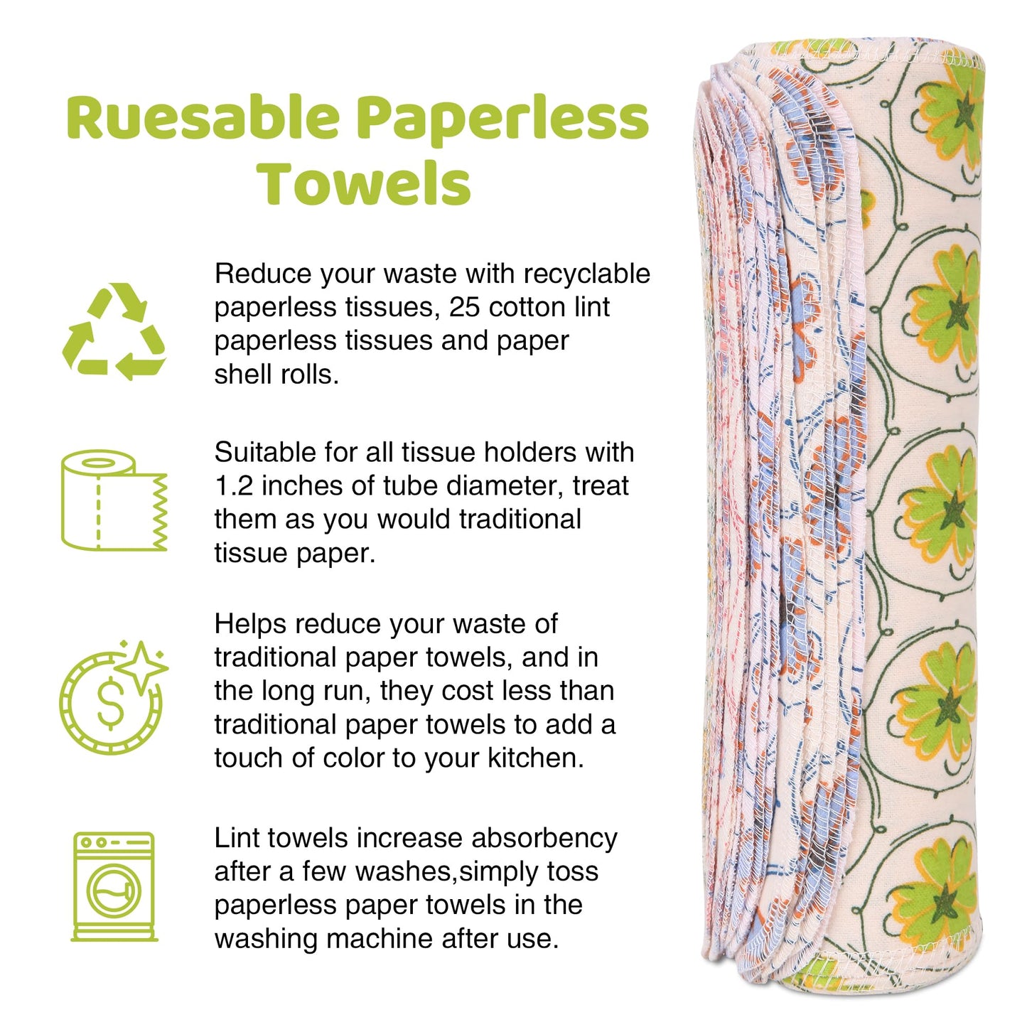 Mikccer Reusable Paper Towels Roll, 25 Packs Eco Friendly Washable Cotton Flannel Paper Towels, w/Cardboard Roll, 10 X 10 in Super Soft, Absorbent, Fits on All Holders Kitchen Unpaper Towels