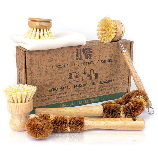 Jungle Culture® 6 Piece Natural Dish Brushes for Washing Up • Eco Dish Brush Kitchen Cleaning Set • Plant Based Coconut Scrubbers • Bottle/Pot Brush & Eco Friendly Scourer Sponge for Pans & Dishes